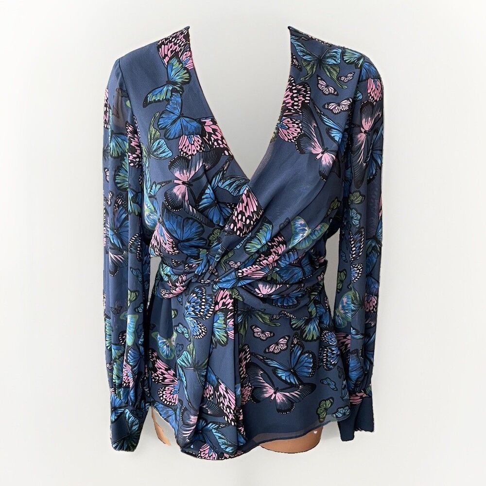 Jay Godfrey Edie Top Butterfly Blouse Size 0 Blue V-Neck Long Sleeve